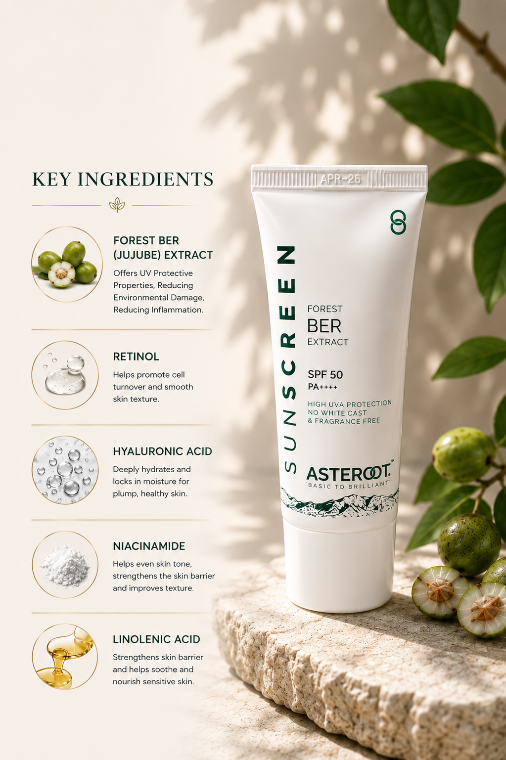 SUNSCREEN  - High UVA Protection, No White Cast & Fragrance Free, SPF 50 PA++++  Raise with Forest Ber Extract 50gm