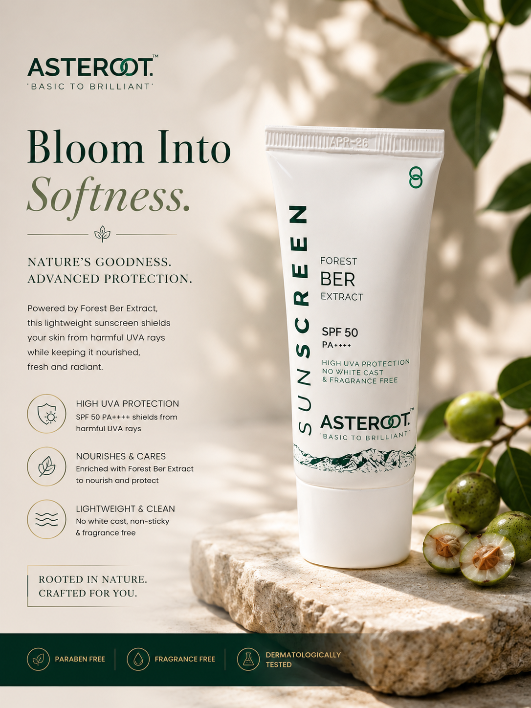 SUNSCREEN  - High UVA Protection, No White Cast & Fragrance Free, SPF 50 PA++++  Raise with Forest Ber Extract 50gm
